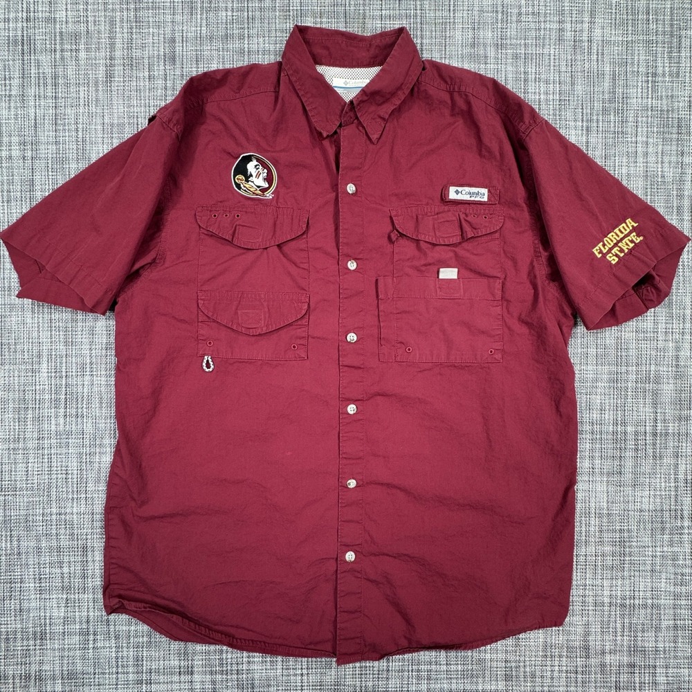 Columbia PFG Mens Medium Florida State Seminoles Cotton Fishing Shirt Garnet